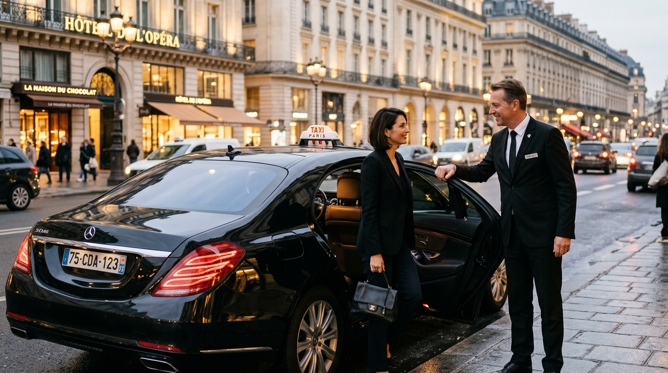 Chauffeur Cab Taxi Parisien accueillant une cliente avec professionnalisme — voiture de luxe et enseigne TAXI PARIS